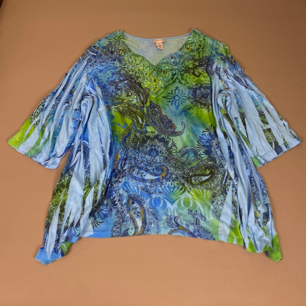 Catherines Tunic Top Blouse Womens Size 3X Blue Green Paisley Embellished V-Neck
